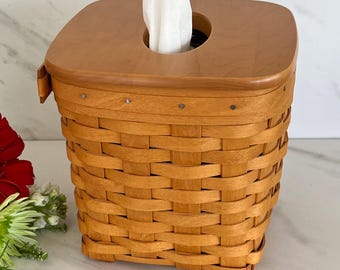 Vintage Longaberger Handwoven Kleenex Box with Wooden Lid. Stamped, Signed and Dated 2003. Made in Dresden Ohio USA.
