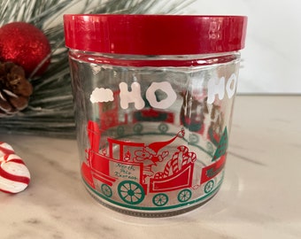 Christmas Collectible Glass Candy or Cookie Jar. Decorative Christmas Train and Ho,Ho,Ho. Red Plastic Screw Top.*Read Size. 1980