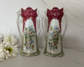 Antique Small Hand Painted Art Nouveau Porcelain German Mantle Vases. Set of Two. Marked “Made in Germany” on Bottom.