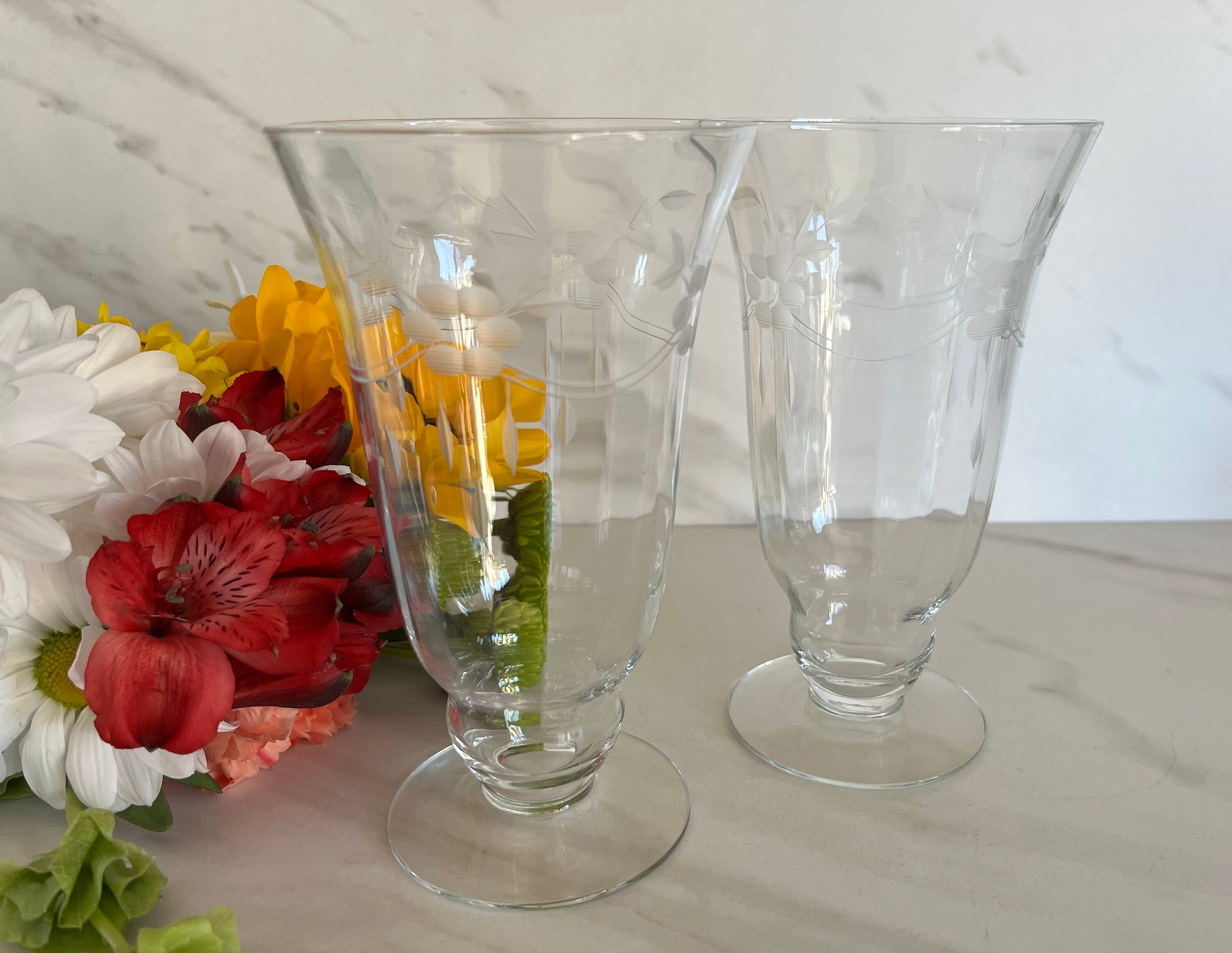 Set of Two Vintage Etched Parfait Glasses Set of Two Vintage Etched Parfait Glasses