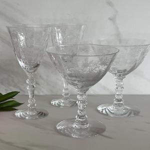 Fostoria Chintz Pattern Vintage Etched Flower and Vines Crystal Liqueur and Coupe Cocktail Glasses. Pattern 1940-1973 Four in Set.