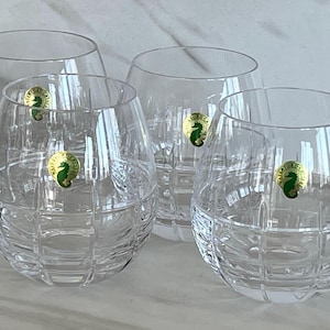 Waterford  Crystal Cluin Stemless Wine or Double Old Fashioned Glasses. Set of Four. Seahorse Gold Label. Signed Waterford.