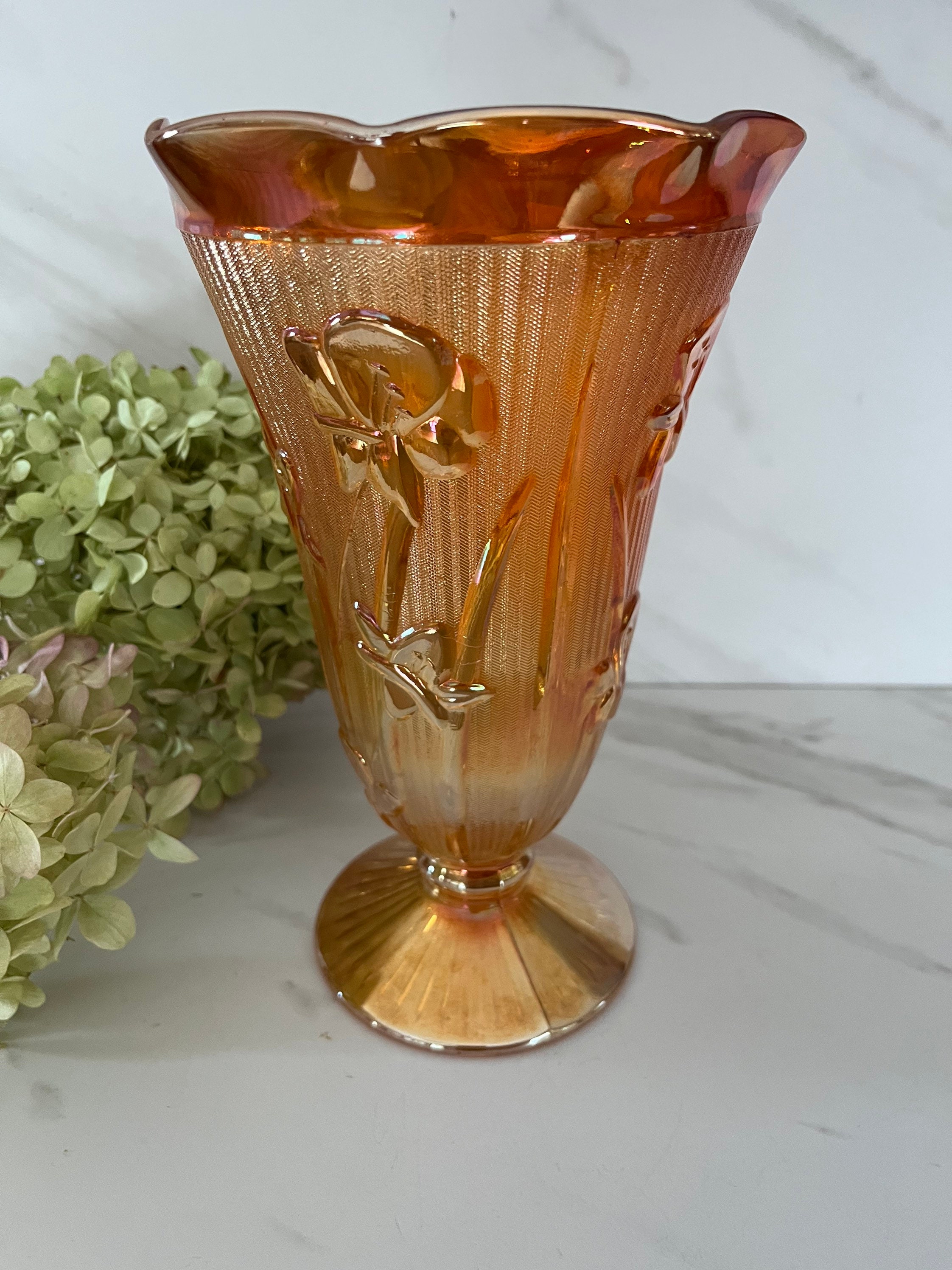 Vintage Jeanette Glass Marigold Carnival Glass Vase Herringbone