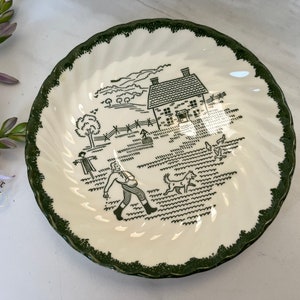 Sampler Style Vintage Countryside Plate. Farmhouse and Farmer with Dog. Marked Countryside Underglaze Print 53.