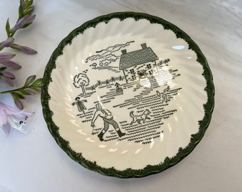Sampler Style Vintage Countryside Plate. Farmhouse and Farmer with Dog. Marked Countryside Underglaze Print 53.