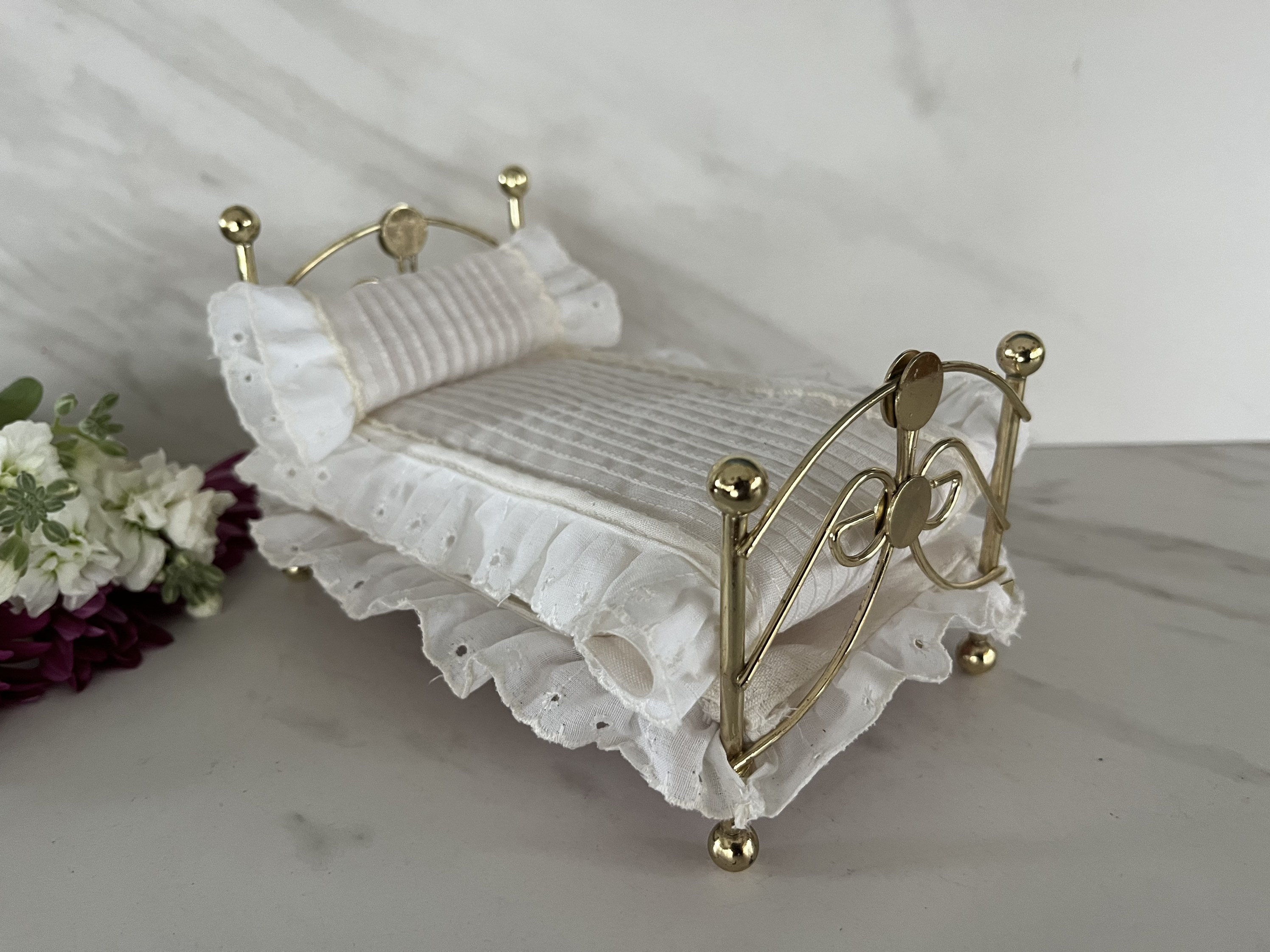 Miniature Faux Brass Bed for Doll House With Mattress, Bed Skirt