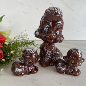 Red Ware Brown Poodle Set  Dog Vintage Statutes With Cold Painted eyes and face. 1940&#39;s/1950&#39;s. Set of Three.