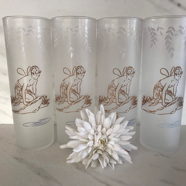 Fairy Glasses Gold Nymph Art Deco Style Fairie White Rock Glasses. Glass. White and Gold Frosted Tall Tumblers. Set of Four.