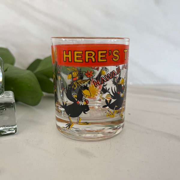 Aloha Vintage Hawaiian Souvenir Shot glass with “Here’s to yours and Mynah” 1970’s