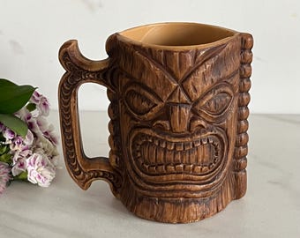 Tiki Vintage Tiki Face Plastic Hawaiian Original Kona Coffee Mill Souvenir Mug. Marked on Back Hawaii USA. 1960-1970’s
