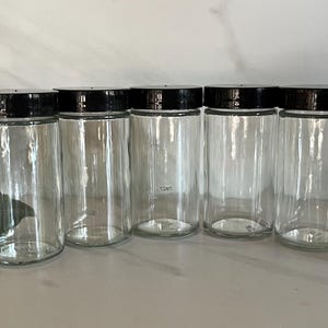 Vintage Clear Glass Spice Jars with Black Caps. Set of Six 1990’s