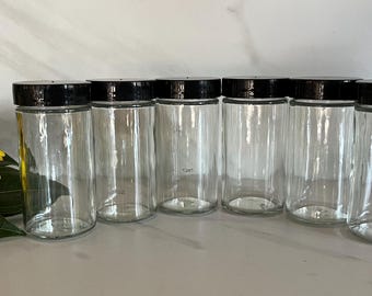 Vintage Clear Glass Spice Jars with Black Caps. Set of Six 1990’s