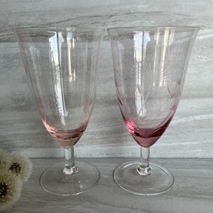 Large Handblown Pink Footed Glasses with Etched Dandelions. Set of two. 1980’s