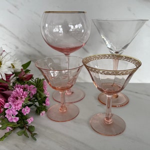 Wine and Champagne Glasses Pink or Blush Depression Glass and Vintage Assorted Glassware. 1930-1980’s Set of four.