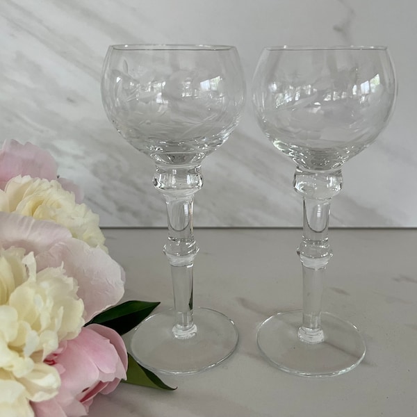 Antique Art Deco Crystal Etched Flower Polished Aperitif,  Sherry Liqueur. Set of Two.
