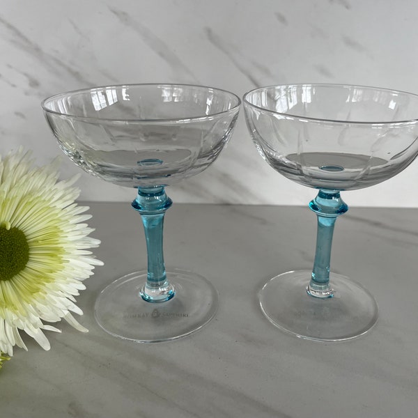 Bombay Sapphire Vintage Crystal Blue Stem Coupe or Martini Glass. Bombay Sapphire. Set of Two.