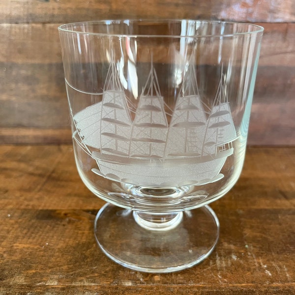 Vintage Crystal Etched Schooner Sail Ship Brandy Whiskey or Beer Glass 1980’s