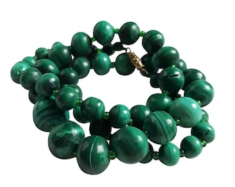 Vintage 22&quot; Malachite Gemstone Beaded Necklace 1970&#39;s