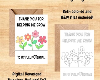 Pediatric Occupational Therapist Thank You/Thank You for Helping Me Grow Coloring Page Card Digital Download