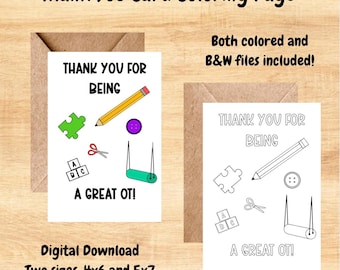 Pediatric Occupational Therapist Thank You Coloring Page Card Digital Download