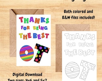 Pediatric Occupational Therapist Thank You/Best OT Coloring Page Card Digital Download