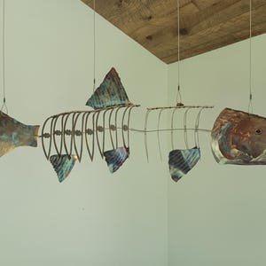 Lake Trout Sculpture, Stainless Steel Mobile 42 inches wide x 41 inches tall, can be displayed outdoors or from the ceiling indoors.
