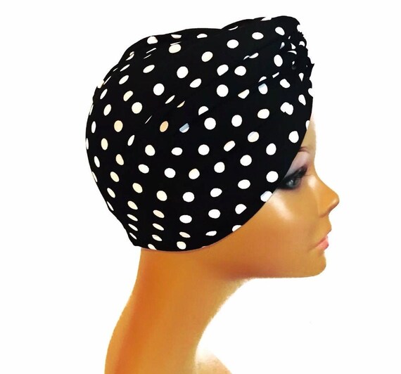 Womens Black And White Polka Dot Satin Lined No Tie Turban Etsy