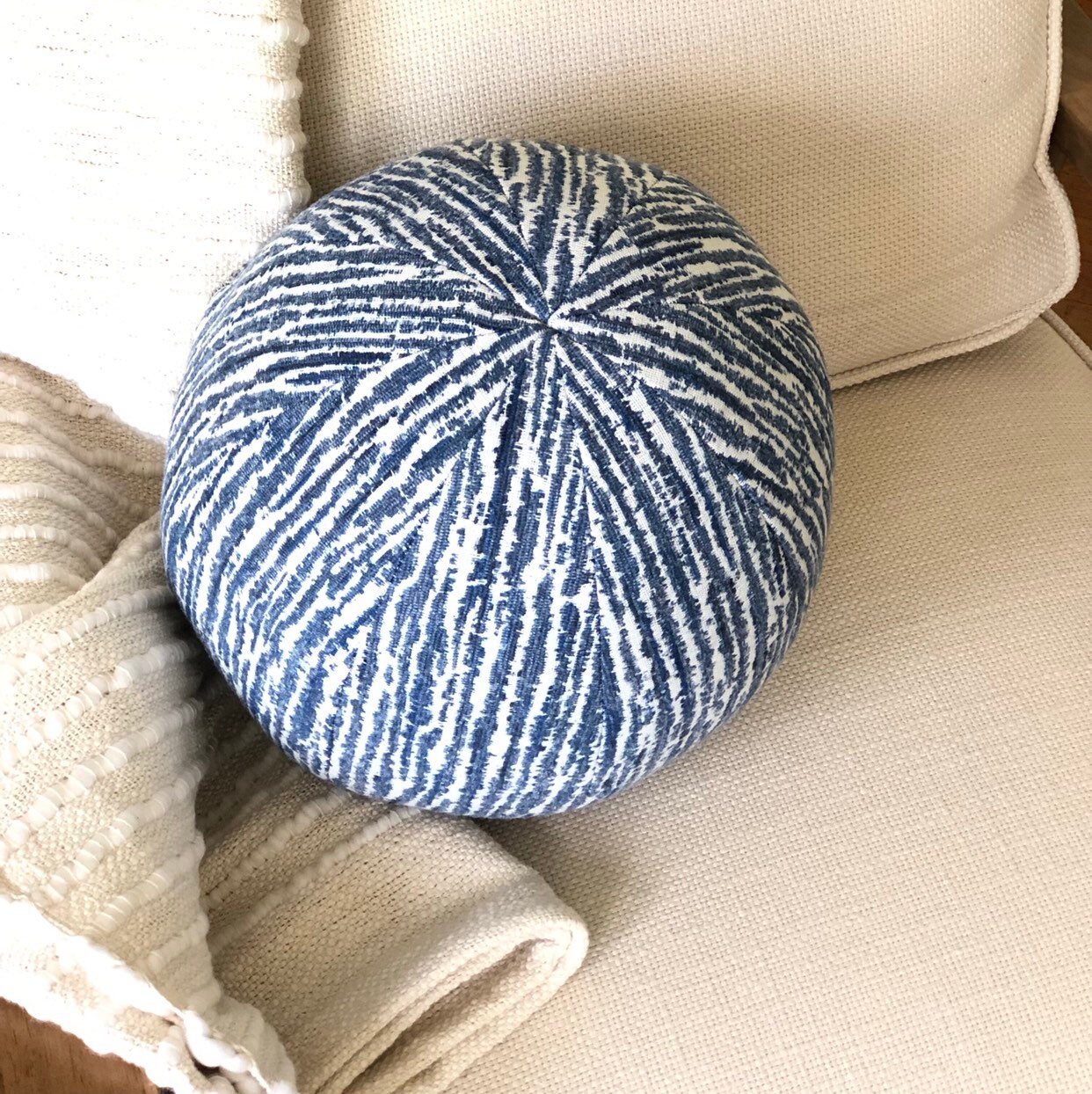 Ball Pillow Blue & White Linear Cotton Handmade Designer Etsy