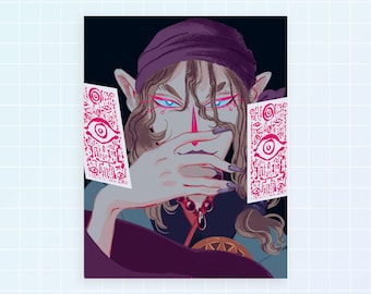 May include: A person with long brown hair and pointed ears is holding two cards with a pink and white eye design. The person is wearing a purple bandana and a dark purple and blue outfit.