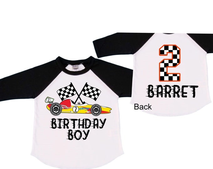 Personalized RaceCar theme Birthday Shirt. Two Birthday. Boy's Car Birthday Shirt. Race Car Racing Birthday Shirt.
