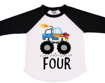 Monster Truck FOUR  Raglan Monster Truck theme Birthday Shirt. Two Birthday. Boy's Racing Birthday Shirt. Monster Truck Birthday Shirt.