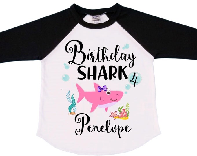 Personalized Baby Shark Themed Birthday Shirt Fourth Birthday Girl Shirt. Cake Smash Raglan Birthday Shirt. FOUR . 4th Birthday Shirt
