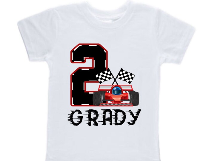 Personalized RaceCar theme Birthday Shirt. Two Birthday. Boy's Car Birthday Shirt. Race Car Racing Birthday Shirt.