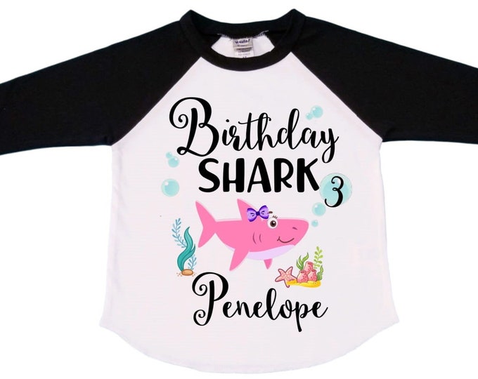 Personalized Baby Shark Themed Birthday Shirt Third Birthday Girl Shirt. Cake Smash Raglan Birthday Shirt. THREE . Third Birthday Shirt