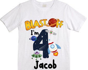 Personalized Space Birthday FOUR Astronaut theme Birthday Shirt. FOUR Birthday. Boy's Birthday Shirt. Spaceship Space ship Birthday Shirt.