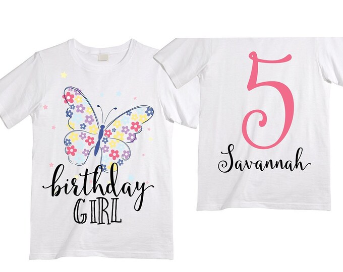 Personalized Butterfly FIVE Birthday Girl Shirt. Cake Smash Short Sleeve Birthday Shirt. 5th . Birthday Shirt
