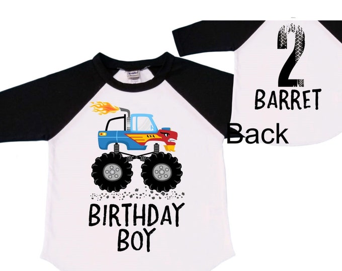 Personalized Monster Truck theme Birthday Shirt. Two Birthday. Boy's Truck Birthday Shirt. Monster Truck Racing Birthday Shirt.