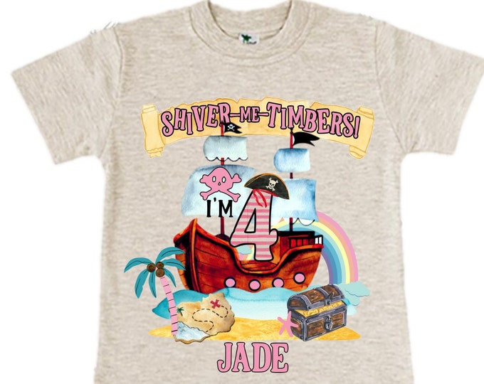Personalized Pirate Ship Rainbow Four Birthday Girl Shirt. Ahoy Matey, Arrgh, Arr Matey. Shiver Me Timbers Pirate Themed 4th Birthday