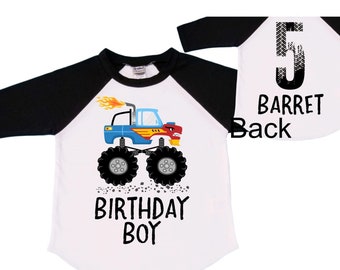 Personalized Monster Truck FIVE Raglan Monster Truck theme Birthday Shirt. Two Birthday. Boy's Racing Birthday . Monster Truck Birthday .