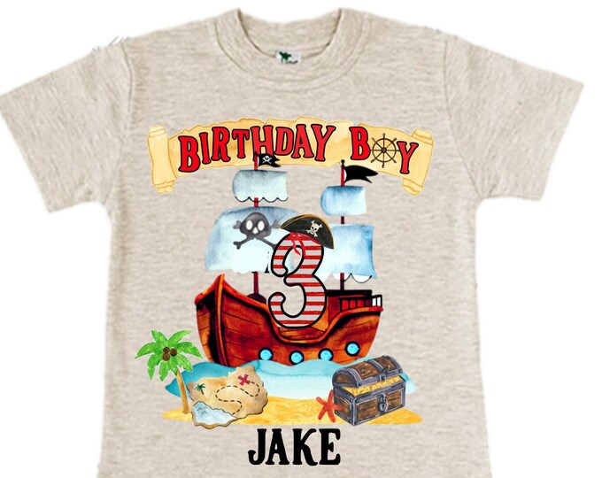 Personalized Pirate Ship theme Birthday Shirt. THREE Birthday. Boy's Pirate Birthday. Timber me Shivers. Arr Matey. Ahoy Matey. Arrgh. 3rd