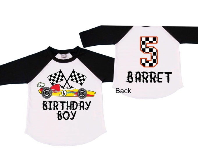 Personalized Racecar theme Birthday Shirt. FIVE Birthday. Boy's Racing Birthday . Race Car Themed Birthday Shirt