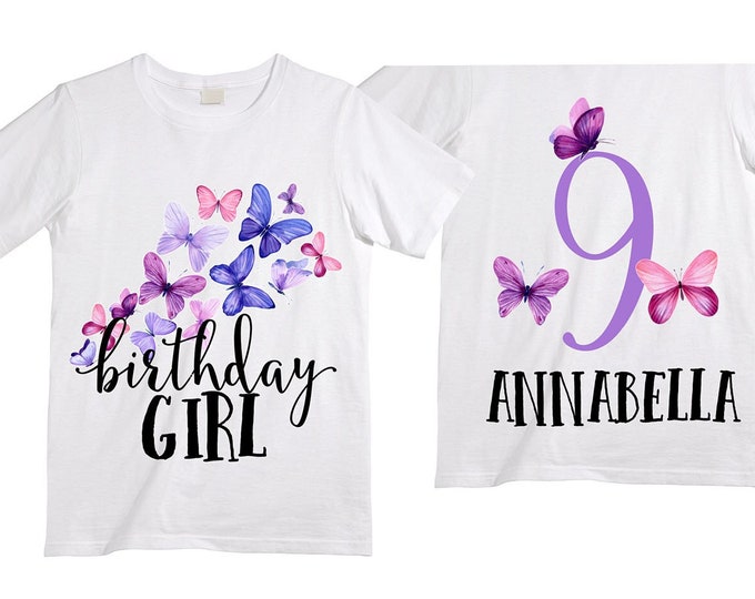 Personalized Butterfly NINE Birthday Girl Shirt. Cake Smash Short Sleeve Birthday Shirt. 9th . Birthday Shirt