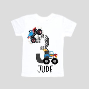 Personalized Monster Truck theme Birthday Shirt. THREE Birthday. Boy's Truck Birthday Shirt. Monster Truck Racing Birthday Shirt.