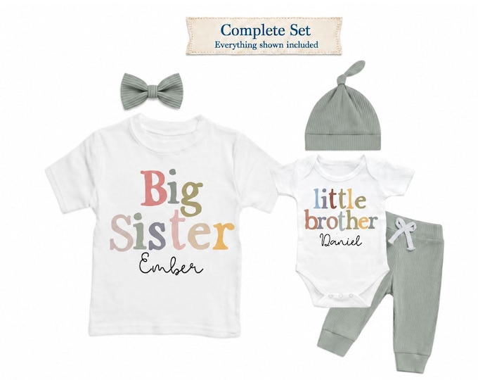 Complete SET - Big Sister Little Brother Matching Sibling Set, Baby Shower Gift, Newborn Baby Pregnancy Announcement