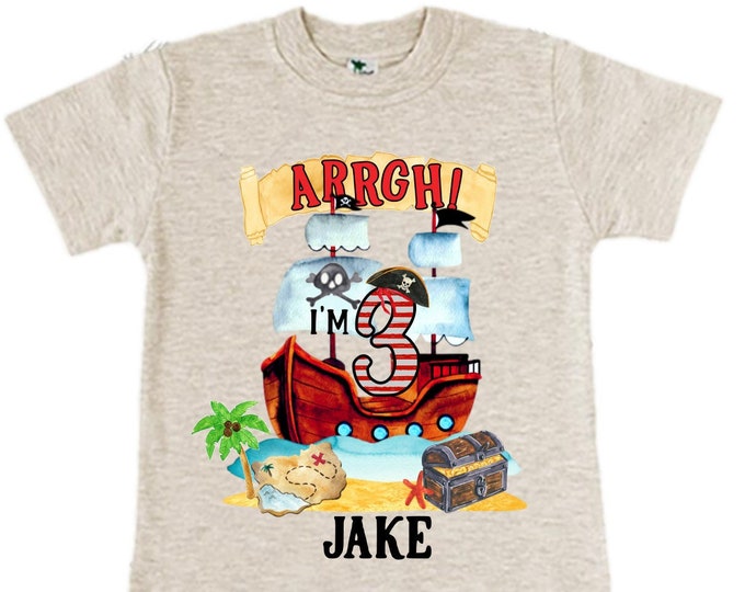 Personalized Pirate Ship theme Birthday Shirt. THREE Birthday. Boy's Pirate Birthday. Timber me Shivers. Arr Matey. Ahoy Matey. Arrgh. 3rd