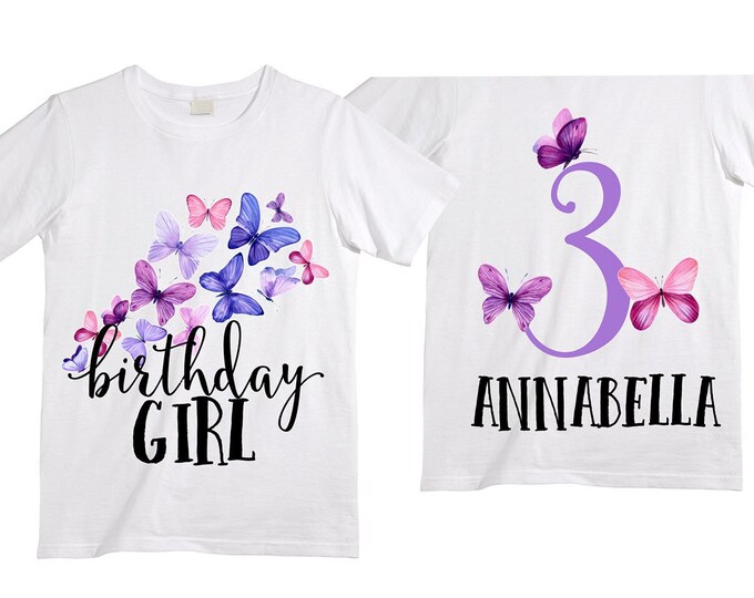 Personalized Butterfly THREE Birthday Girl Shirt. Cake Smash Sleeve Birthday Shirt. Three . Birthday Shirt