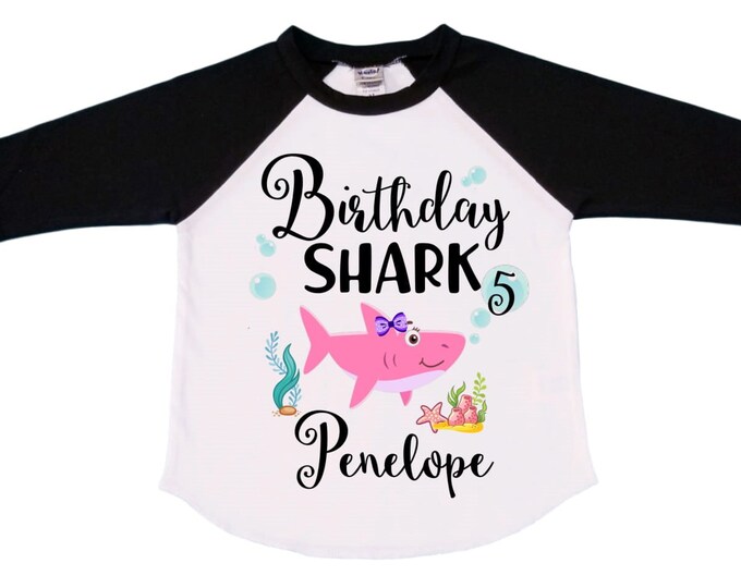 Personalized Baby Shark Themed Birthday Shirt FIVE Birthday Girl Shirt. Cake Smash Raglan Birthday Shirt. Fifth. 5th Birthday Shirt