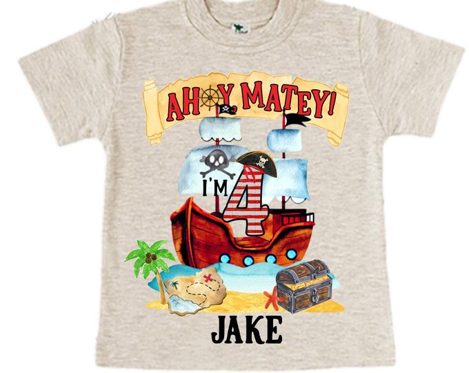 Personalized Pirate Ship FOUR  Raglan Pirate Ship theme Birthday Shirt. Arr matey. Ahoy Matey. Timber Me Shivers. 4th Pirate themed Party.