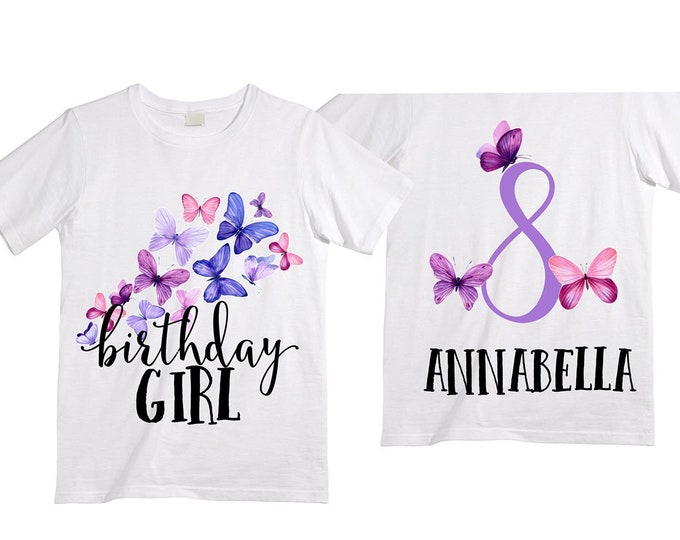 Personalized Butterfly EIGHT Birthday Girl Shirt. Cake Smash Short Sleeve Birthday Shirt. 8th . Birthday Shirt