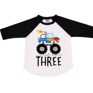 Monster Truck theme Birthday Shirt. THREE Birthday. Boy's Truck Birthday Shirt. Monster Truck Racing Birthday Shirt.